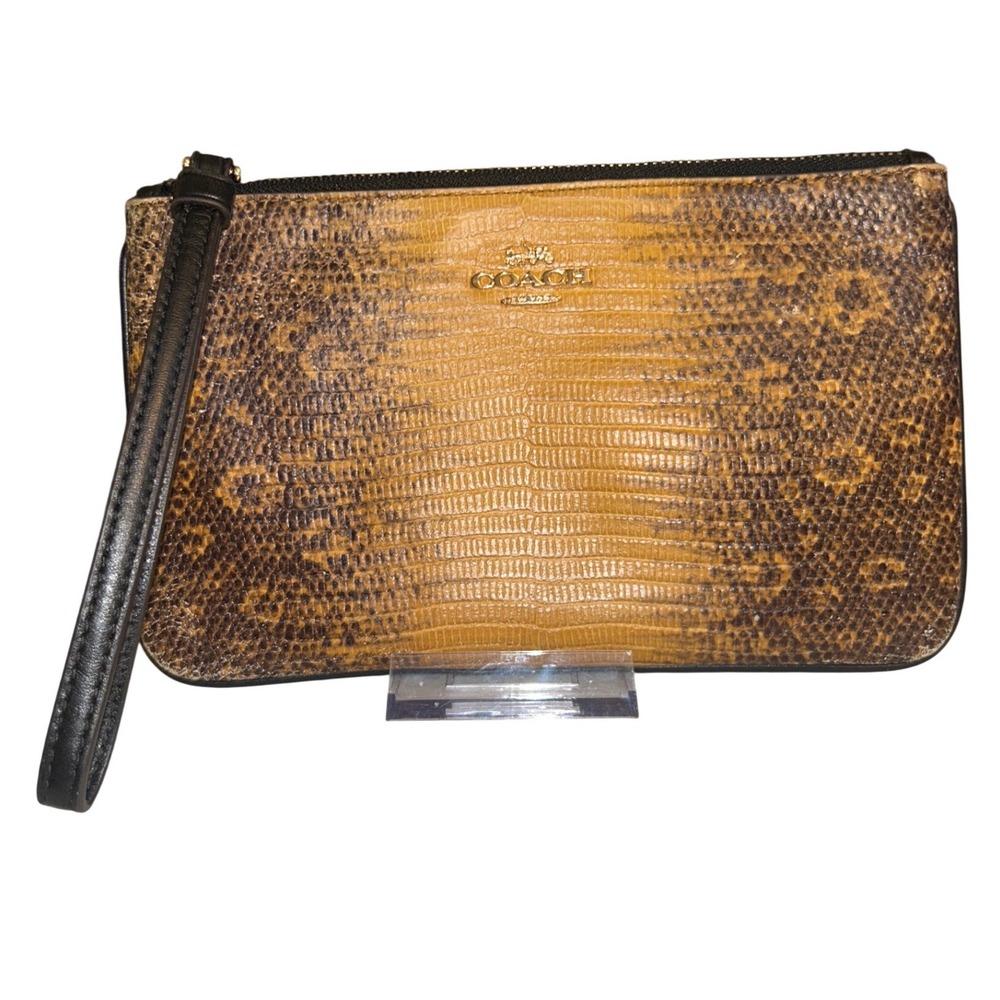 Coach Yellow Brown Ombre Lizard Embossed Leather Wristlet Clutch Bag